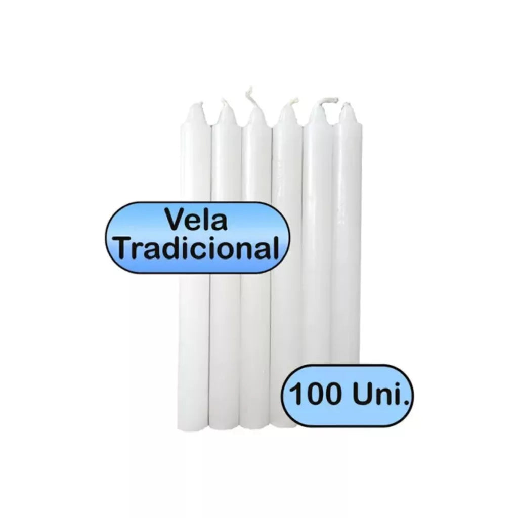 Kit Com 100 Velas Palito Branca 100% Parafina Pura - 18cm