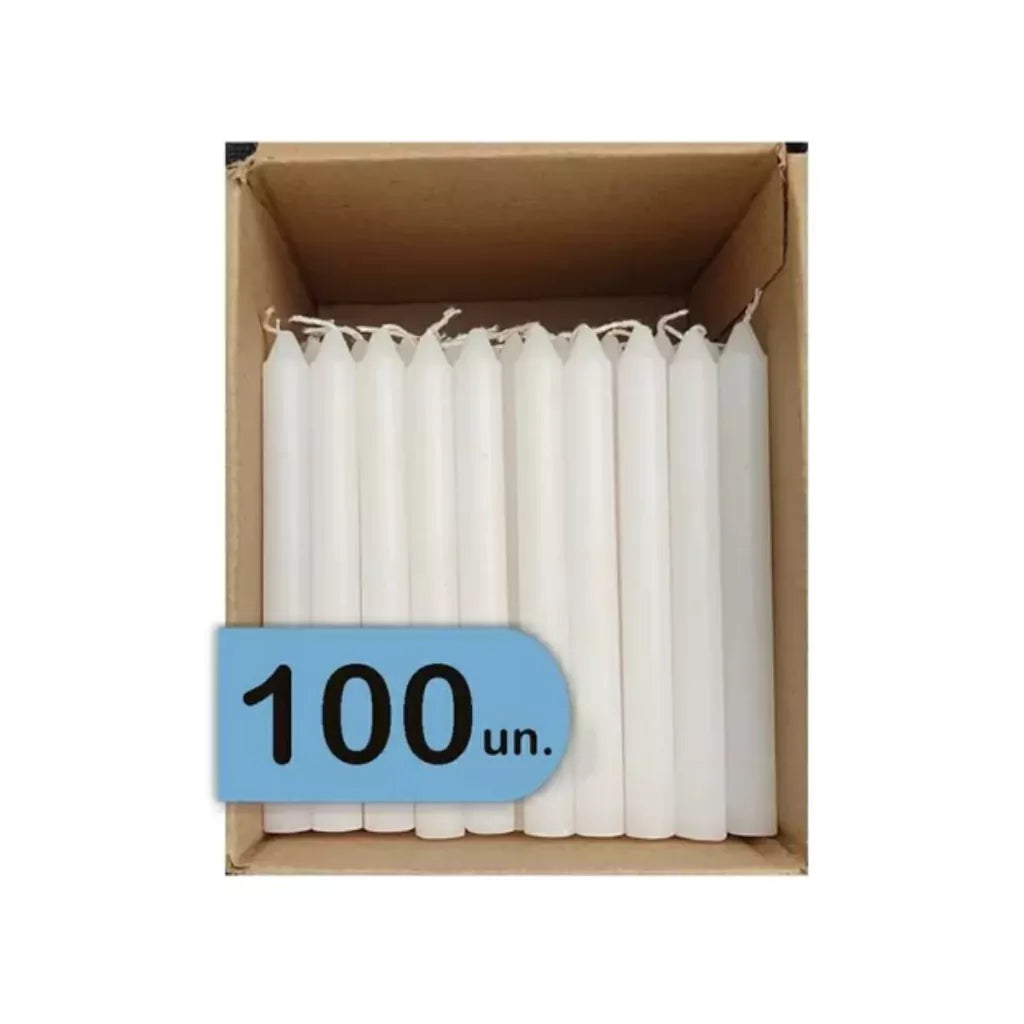 Kit Com 100 Velas Palito Branca 100% Parafina Pura - 18cm